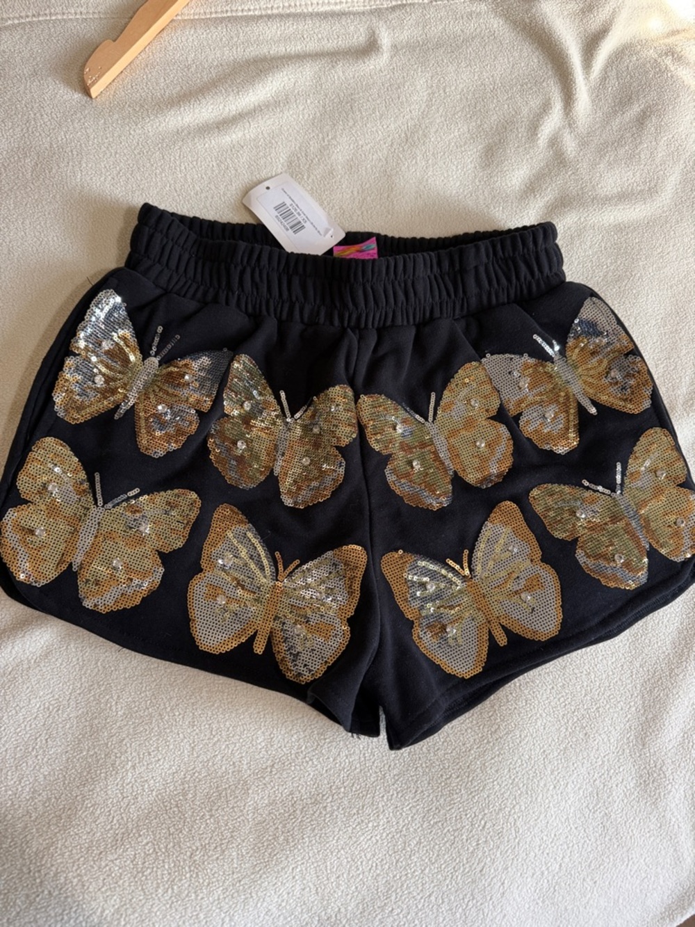 QUEEN OF SPARKLES Black High-Waist Sequin Butterfly Shorts - Picture 2 of 10